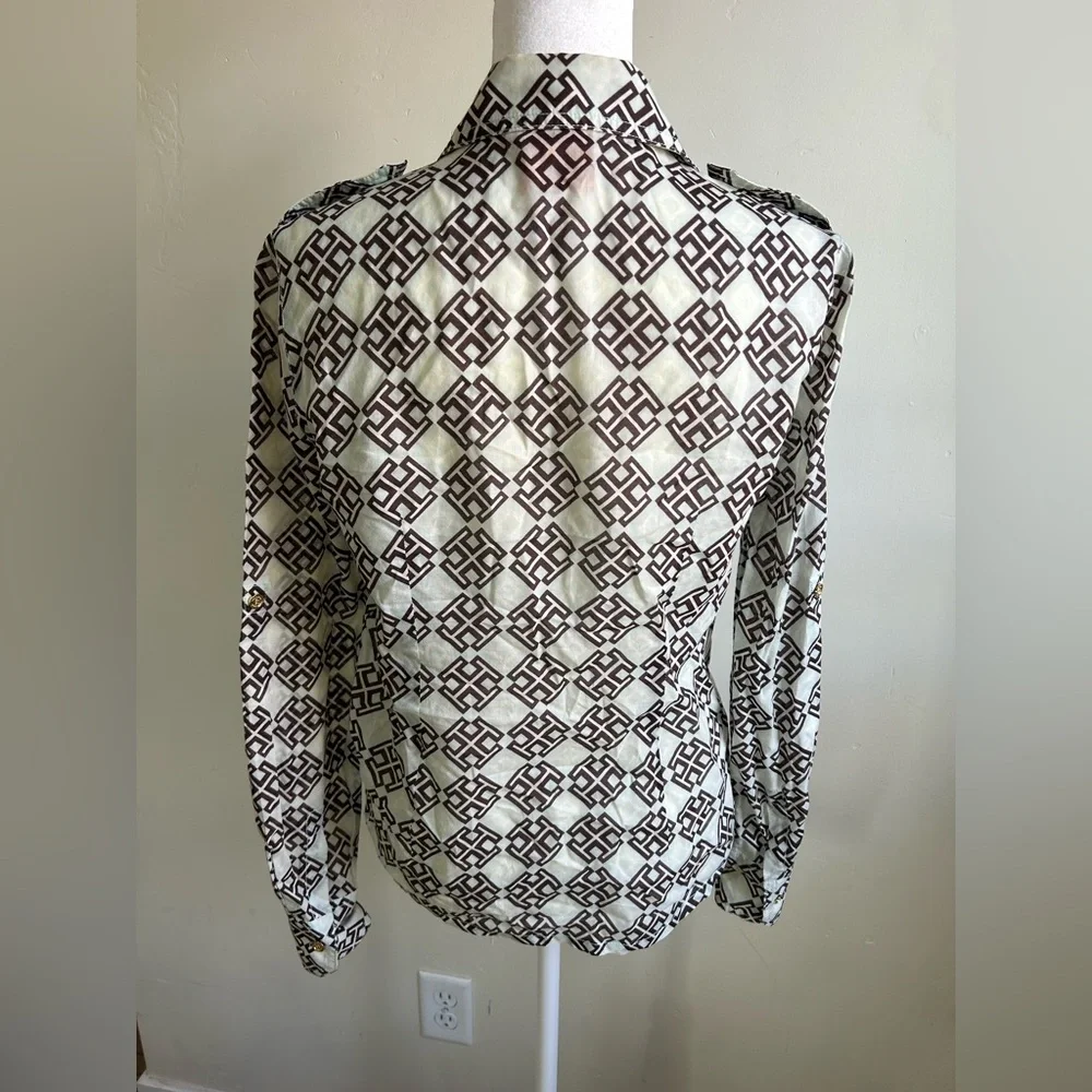 ▶️ Tory Burch Logo Print Blouse Women 2 Sheer Button Front Collared Long Sleeve